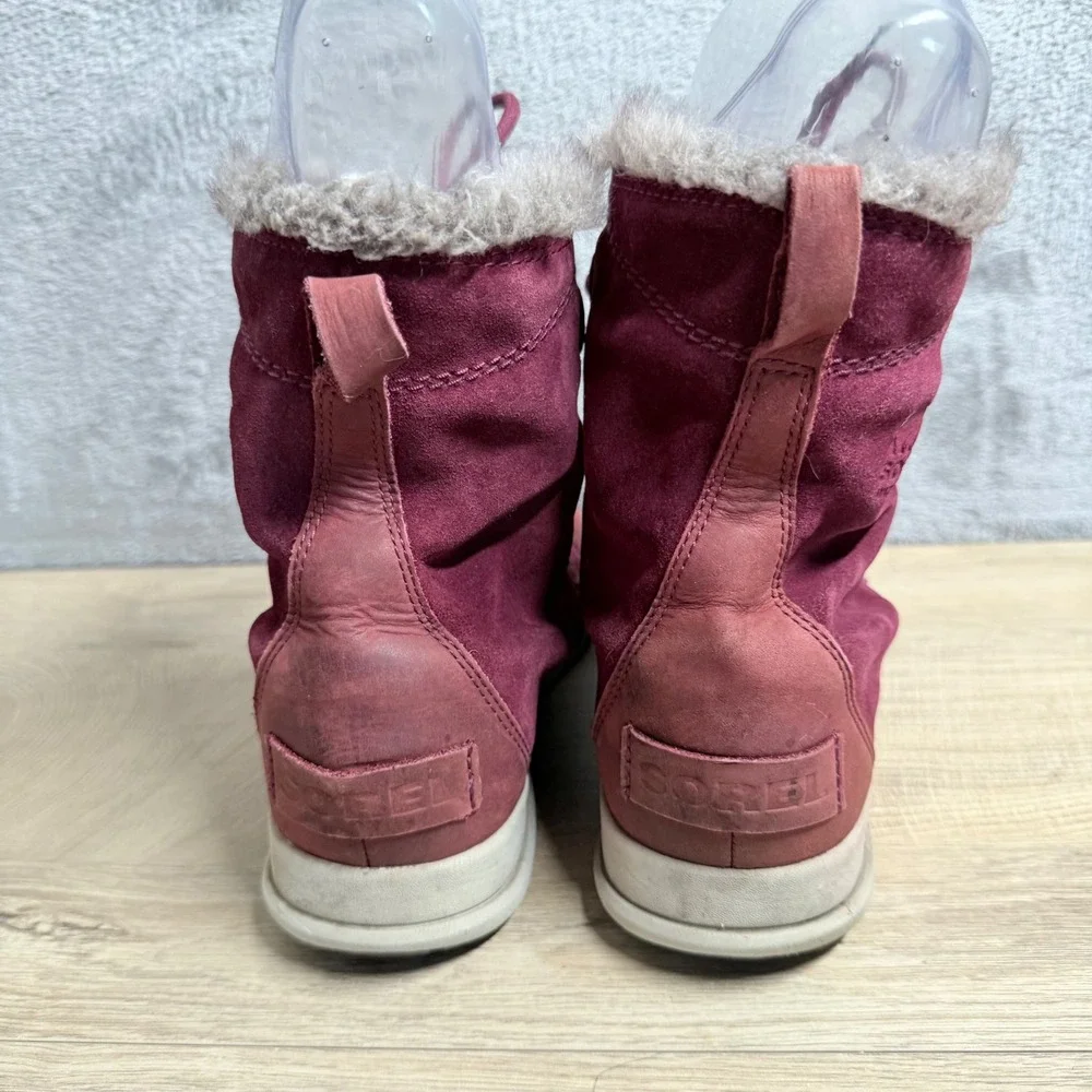 Sorel Explorer Joan Boots Women‎ 10 Burgundy Waterproof Suede Faux Fur Lined